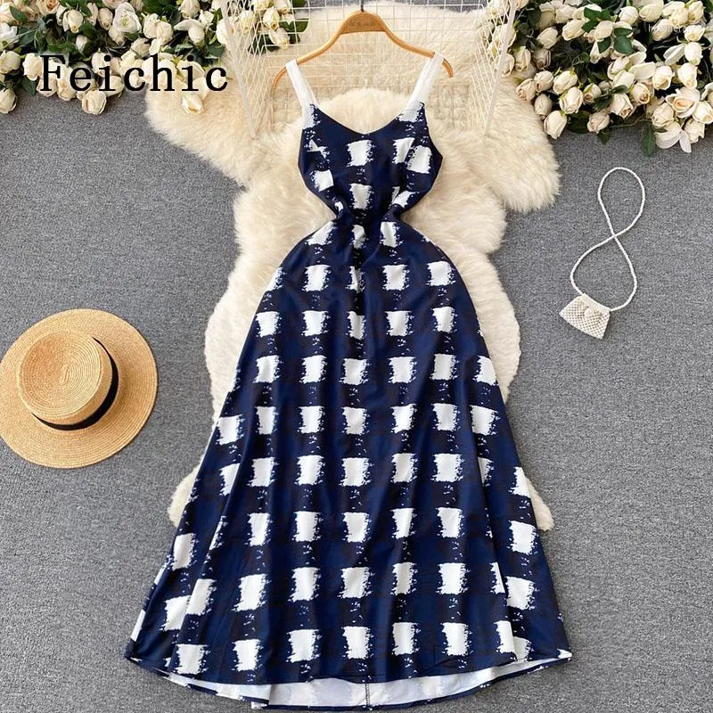 Vestidos casuales Feichic verano mujer 2023 vacaciones Sexy Sling Plaid Bow elegante Midi vestido diseñador ropa Vestidos Vintage Bohemia