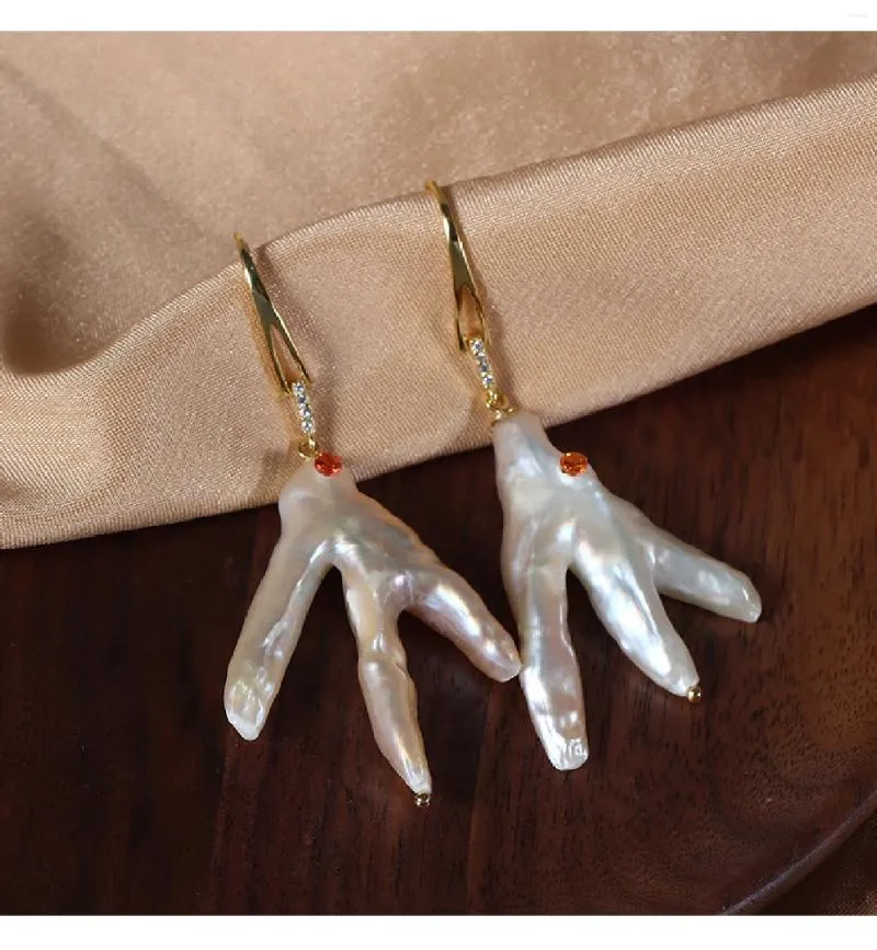 Dangle Earrings Natural Freshwater Pearl Baroque Chicken Feet Inlaid With Red Rhinestones S925 Silver