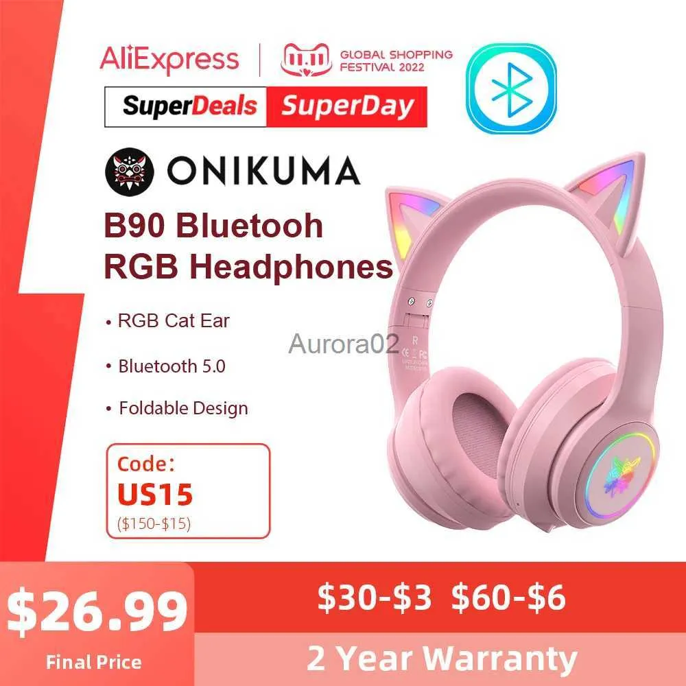 Cell Phone Earphones ONIKUMA B90 Bluetooth Headphones with RGB Cute Cat Ear Foldable Wireless Bluetooth Earphone Headset for Computer Gaming PC Gamer YQ231120