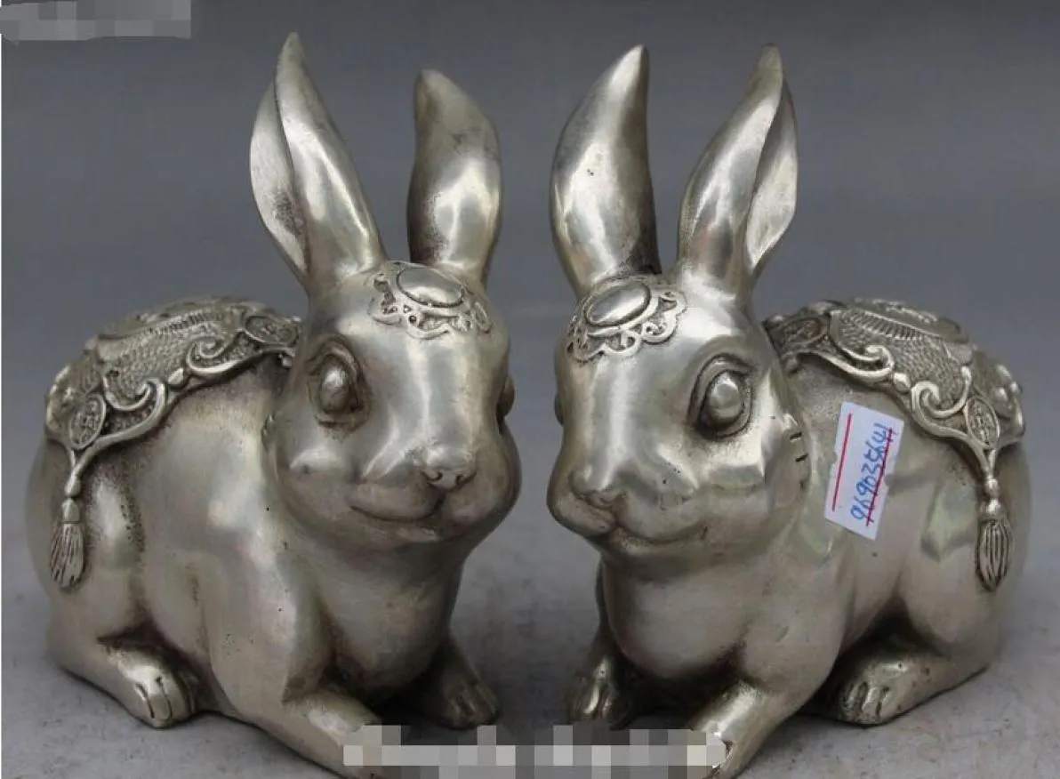 christmas Chinese Auspicious Silver Carving Zodiac Year Rabbit Rabbits Animal Statue Pair halloween9793028