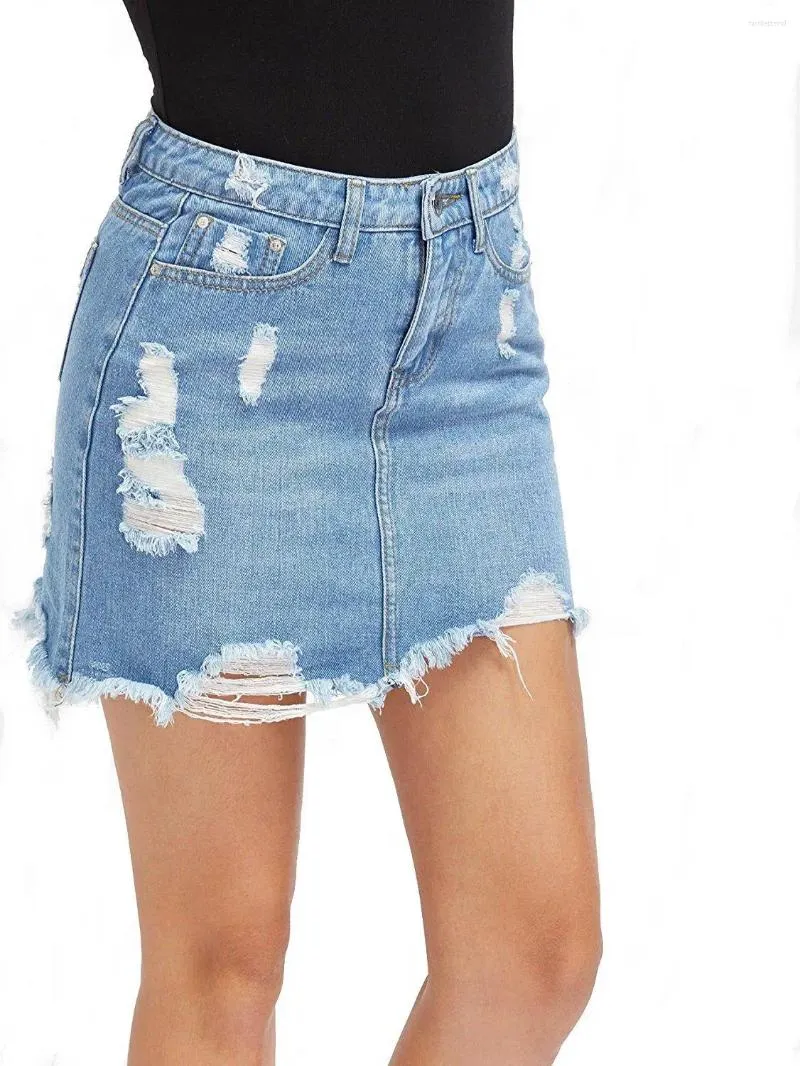 Kjolar kvinnor sommar kort denim kjol mode sexig rippad mini blyerts jeans s-xl drop