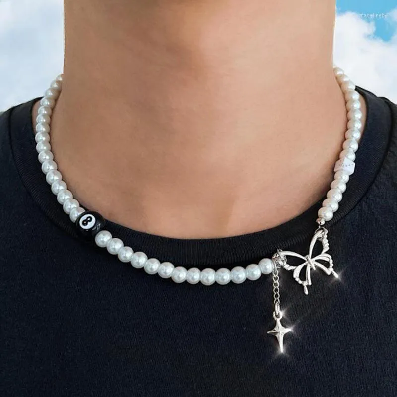 Łańcucha Perły Naszyjnik dla mężczyzn koralika motyla nastoletni chłopcy grunge punkowa koreańska biżuteria modowa prosta ręcznie robiona ręcznie