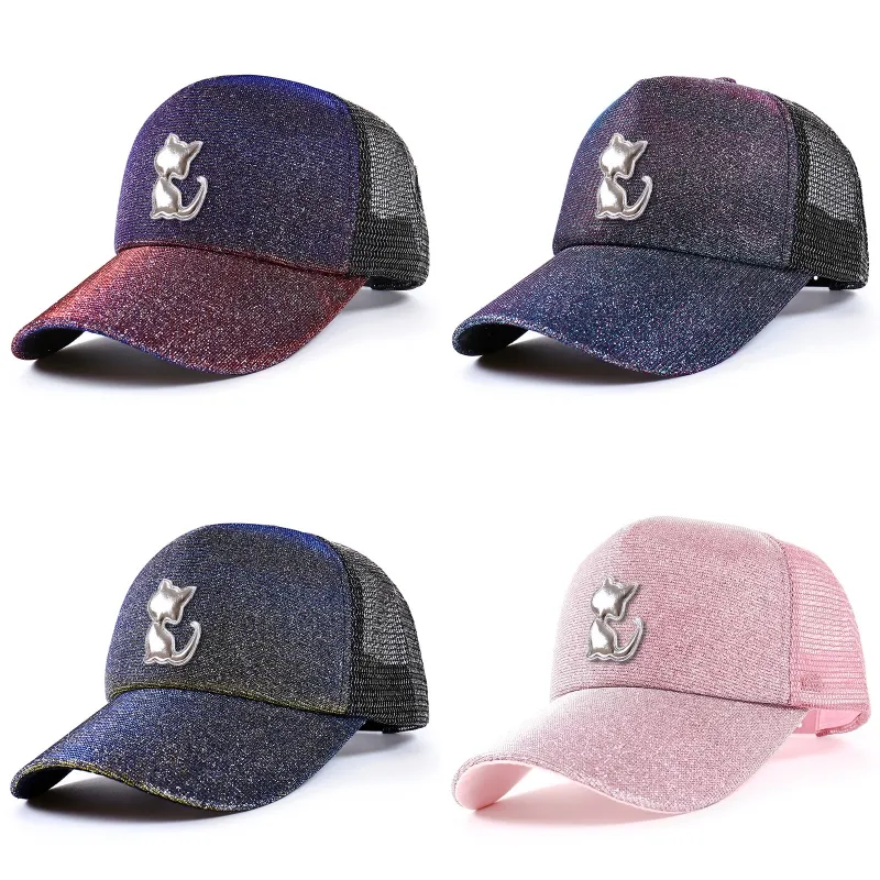 Berretto da camionista da baseball glitterato di design di lusso Cappellino regolabile in plastica con chiusura a scatto in rete Cappelli da donna per adulti Bling Shinning Summer Curved Hip Hop Cappello con visiera parasole