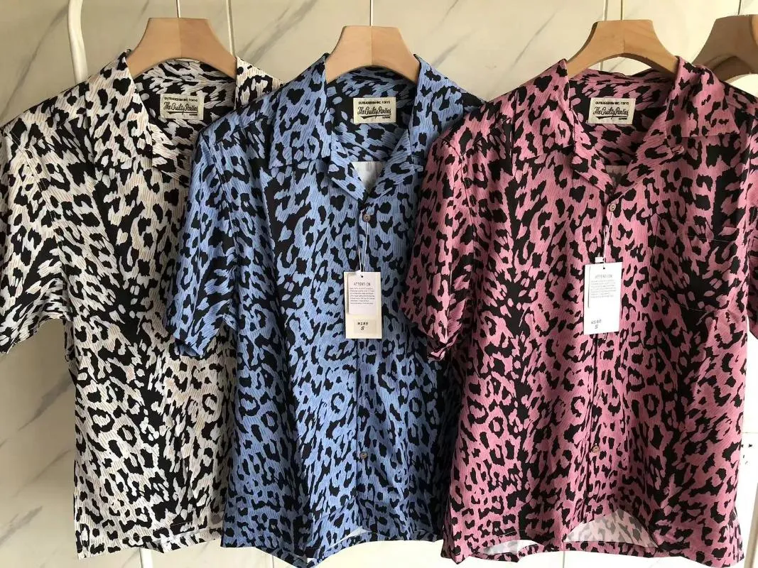 Herrar t shirts 23ss fasion wacko maria leopard tryck par tunn skjorta sommar överdimensionerade män kvinnor streetwear knappar toppteknikkläder