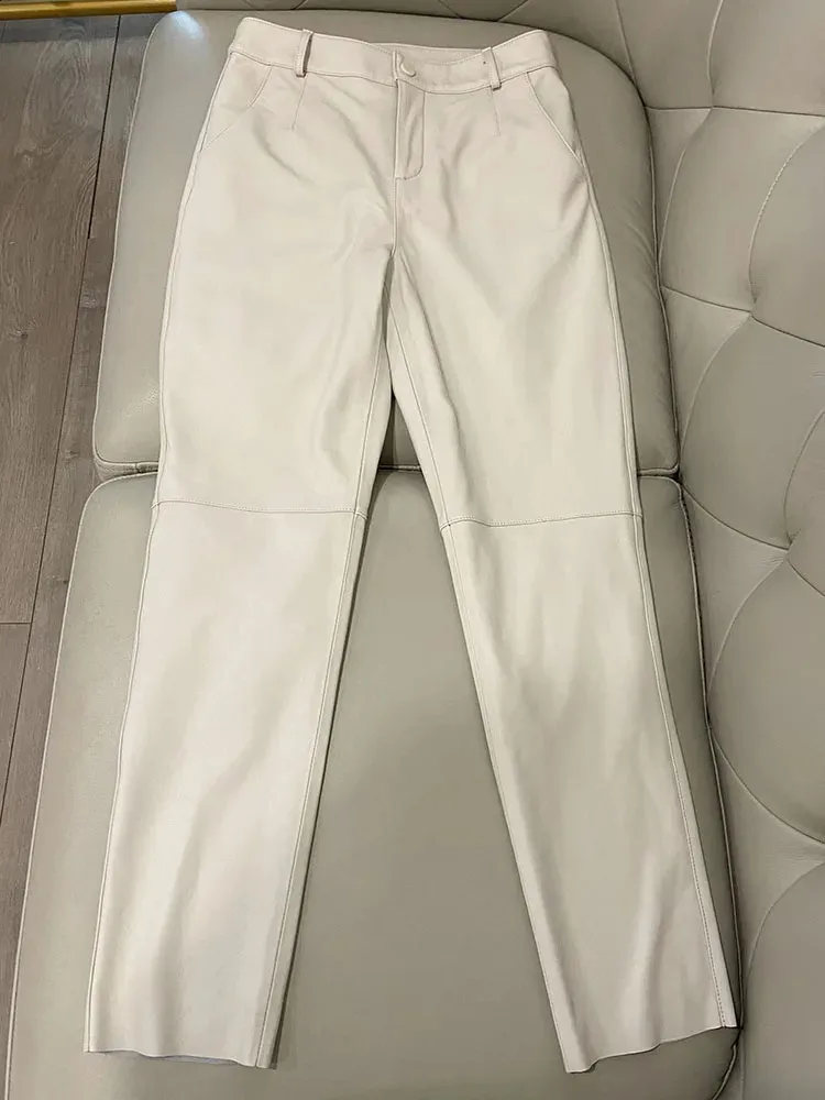 Calças femininas s cargo pant 2023 moda coreana primavera outono calças de couro genuíno streetwear 231118