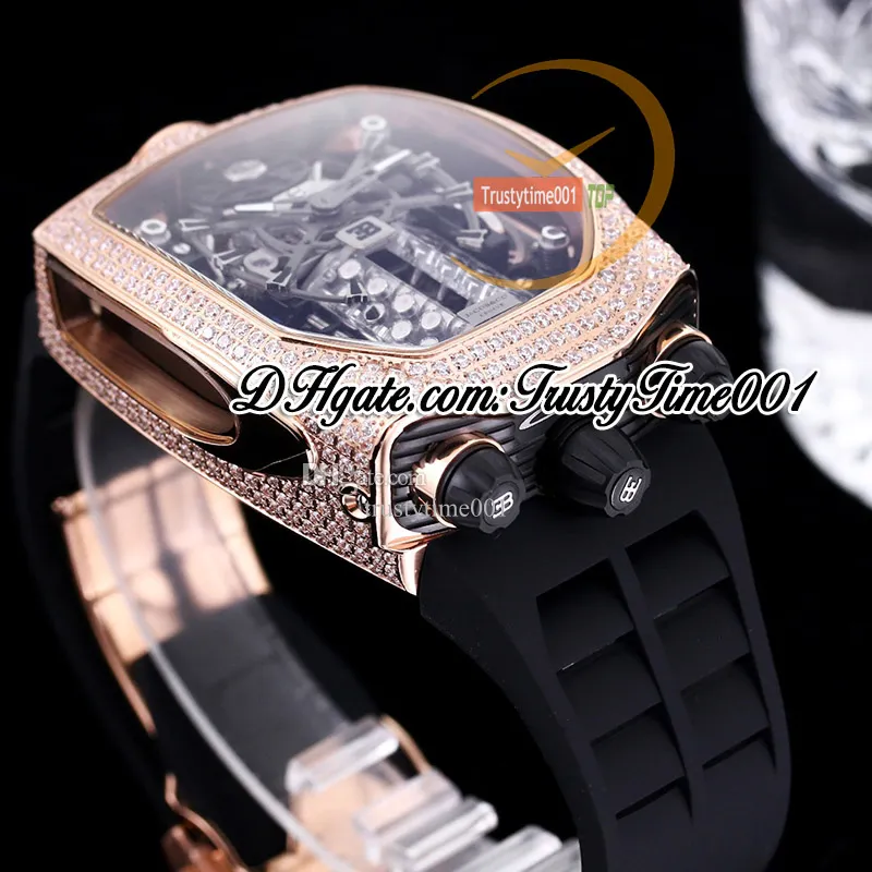 Bugatti Chiron Tourbillon Autoamtic Mens Watch 16 Cylinder Engine Skeleton Dial Iced Out Diamonds inlay Case Red Stick Rubber Strap trustytime001Watches BU200.40