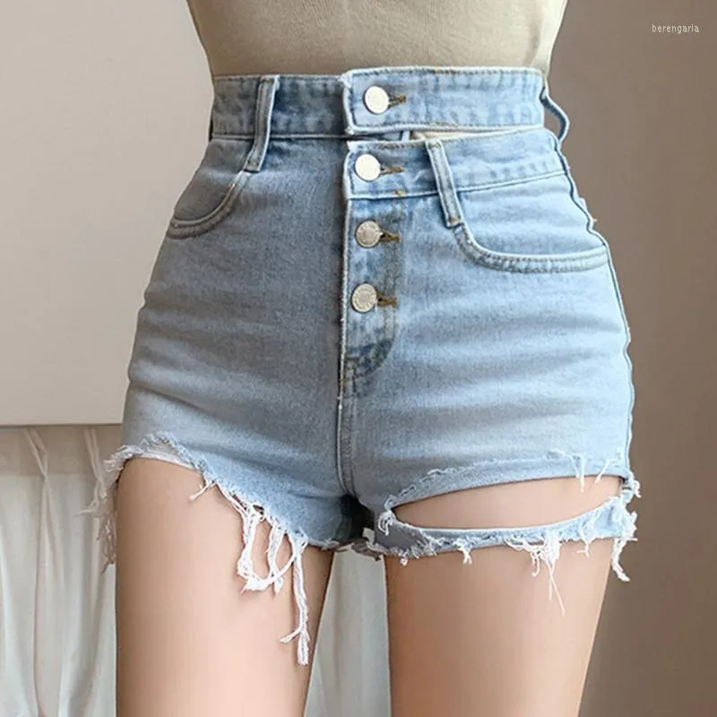 Kvinnors shorts Sexig multi spänne hög midja jean kvinnor koreansk mode denim rippade korta ytterkläder kvinnlig dropp grossist