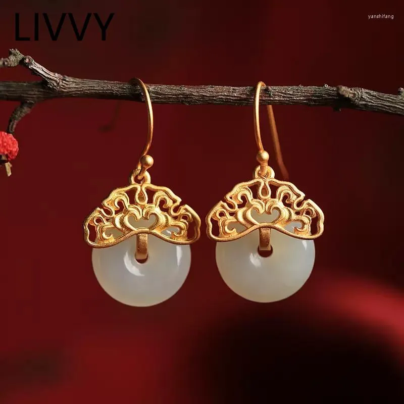 Baumelnde Ohrringe LIVVY Mode Runde Naturstein Anhänger Frauen Vintage Chinesischen Stil Ruyi Frieden Hochzeit Schmuck