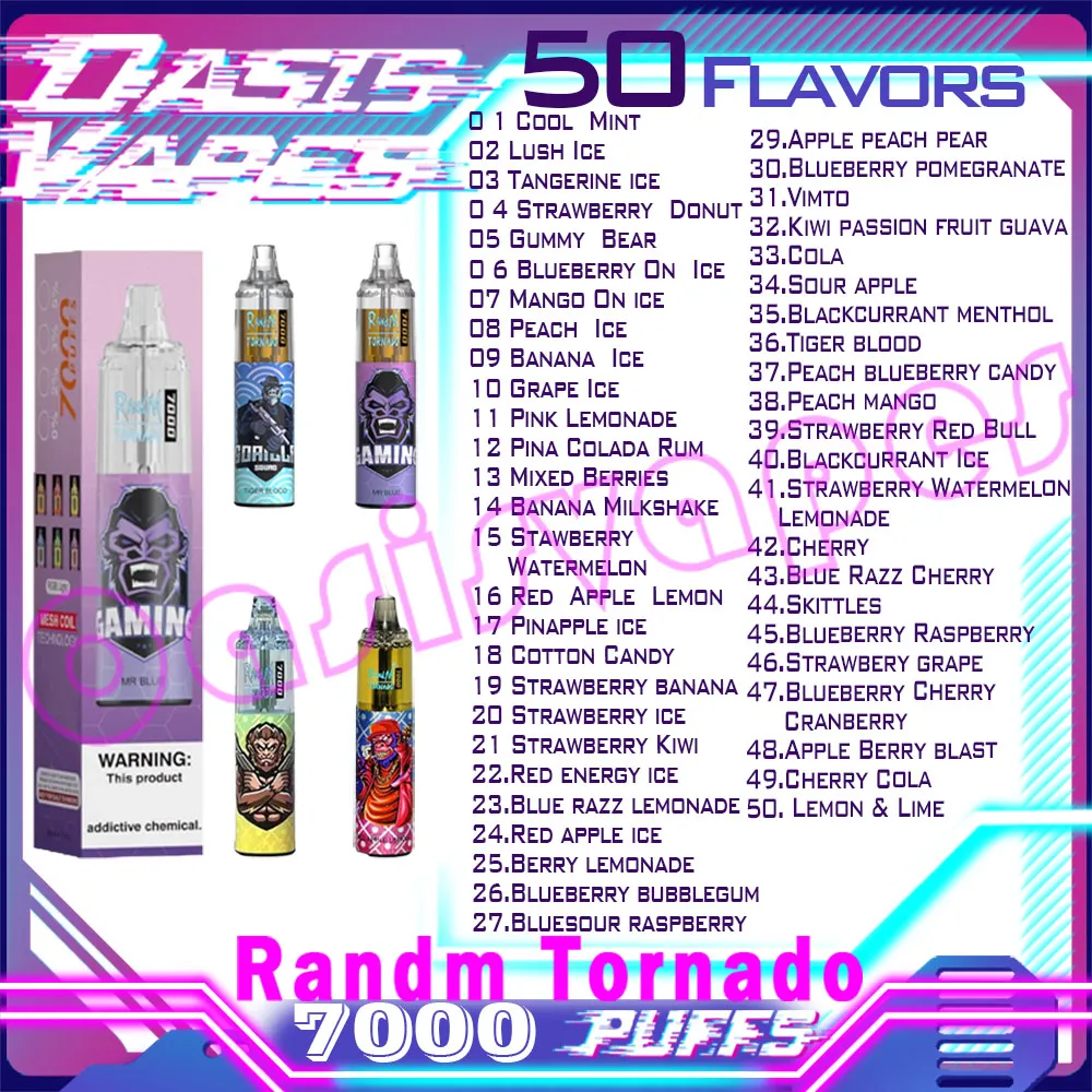 Orijinal Randm Tornado 7000 Puflar Tek Kullanımlık Vape Kalem Elektronik Sigara 14ml Pod File Bobin 6 Parlayan Renkler Şarj Edilebilir Hava Dikkat Edilebilir% 5% 5 Cihaz Buharlaştırıcı 7k