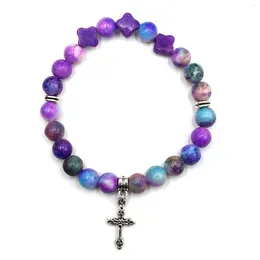 Strand 1pc Designed Purple Dolomite With Cross Charm Round Beads 8mm Elastic Bracelet For Woman Man Daily Wearing