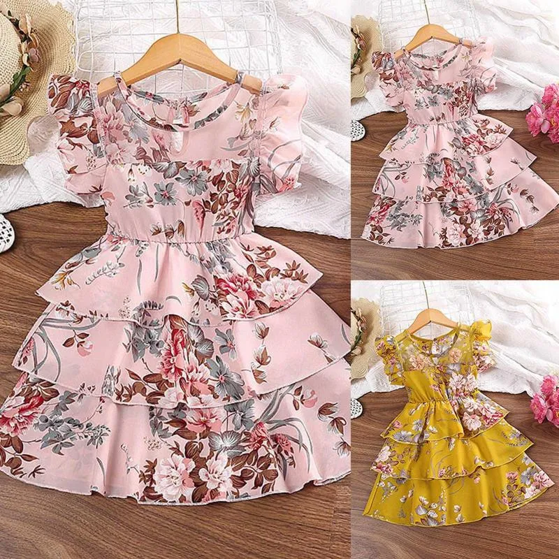 Girl Dresses Girls Child Sleeve Layered Skirt Flowers Prints Ruffles Beach Sundress Party Dress For 5t Fall