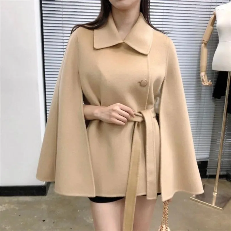 Jaquetas femininas Coreano Chic Outono Inverno Lapela Único Peito Cintura Cape Casaco Manto Mulheres Moda Preto Khaki Jaqueta Xale Cinto Outwear