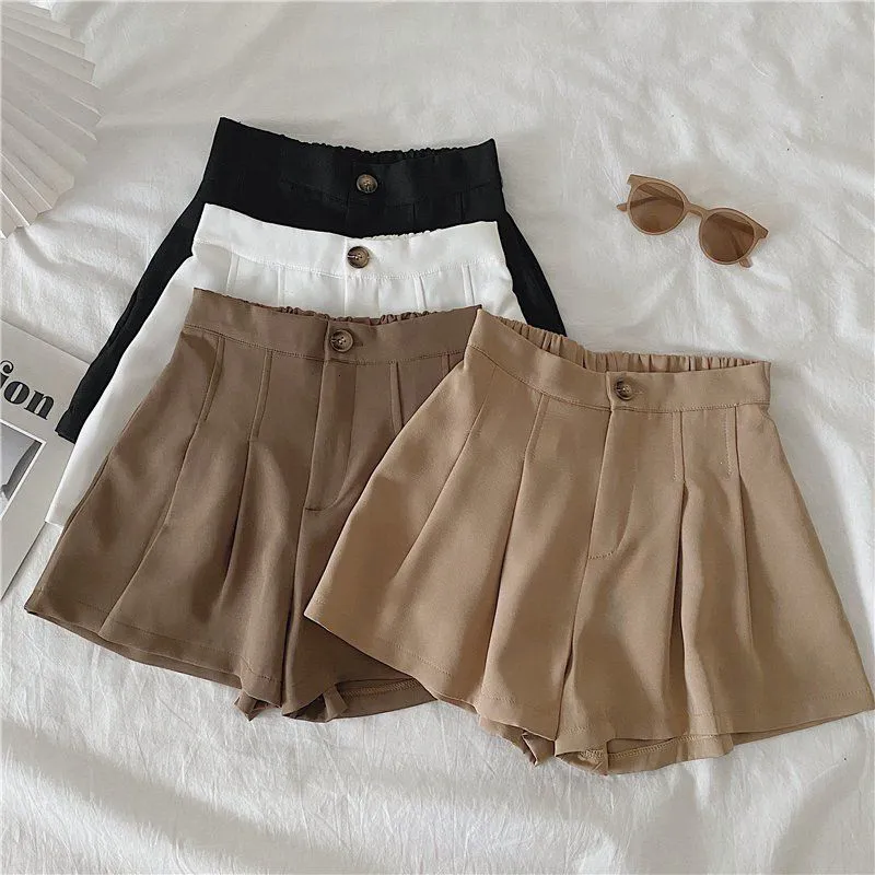 Kvinnors shorts lucyver casual enkla shorts kvinnor koreansk mode elastisk hög midja shorts kvinna ulzzang sommaren veckade breda ben korta byxor 230420