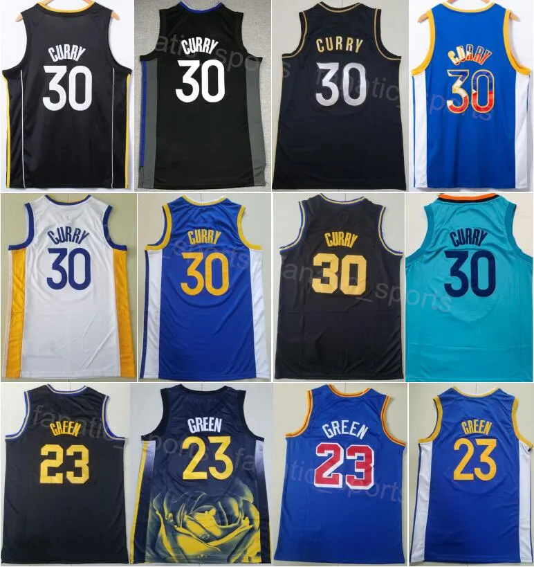 Team Draymond Green Jersey 23 City Basketball Stephen Curry 30 tjänade svartblått vitt broderi -uttalande för sportfansförening andningsbar ren bomull