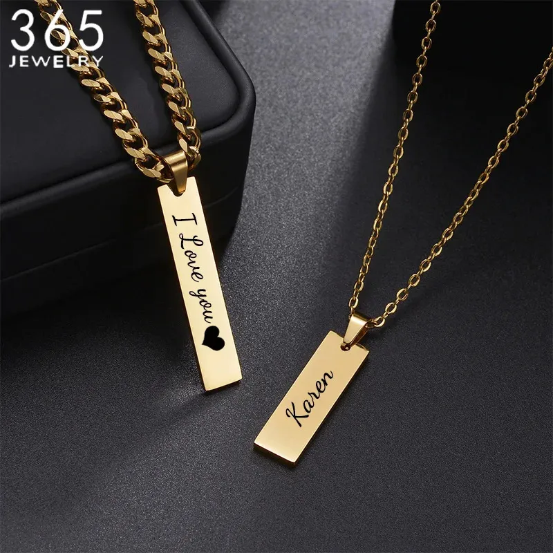 Pendanthalsband Fashion Anpassat rostfritt stål snidat namn Rektangulärt halsband Mens Square Date Diy Lover Jewelry Gift 231120