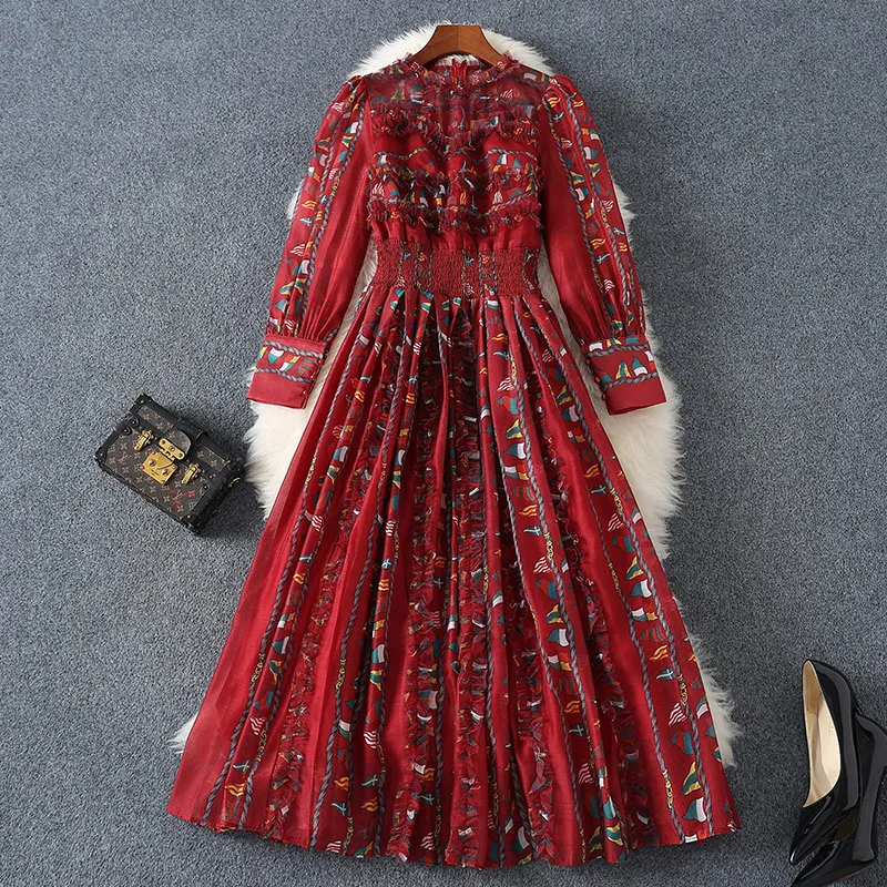 2024 Lente rode jurk met lange mouwen, ronde hals, chiffon, geplooide panelen, halfhoge kuitjurk, elegante casual jurken