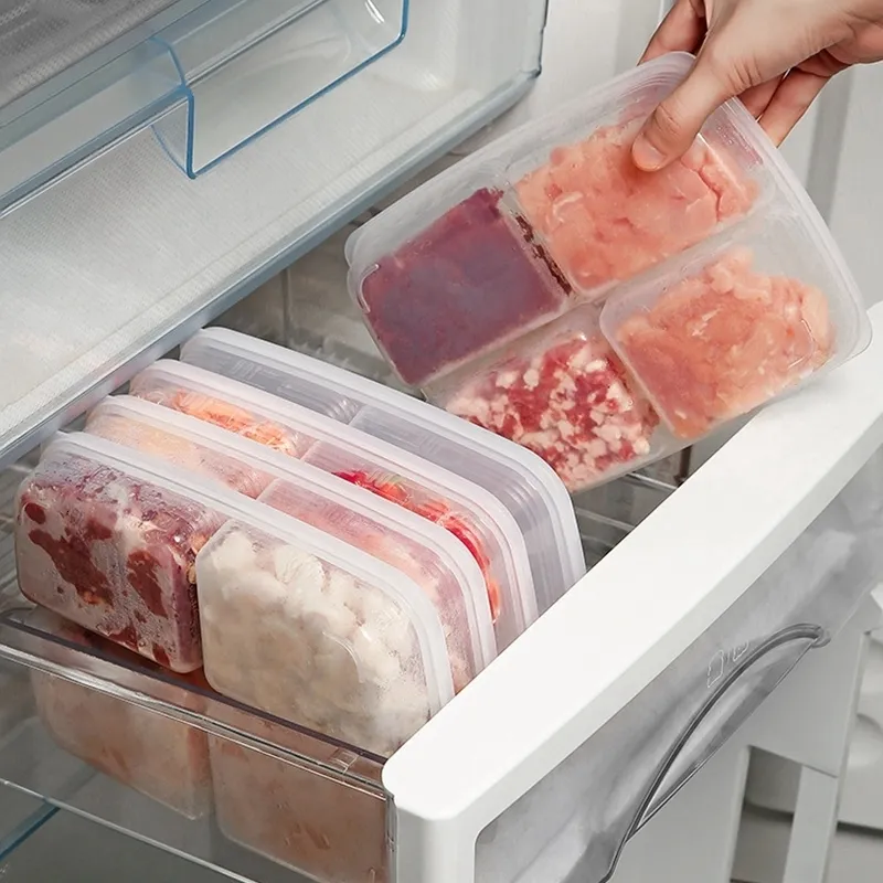 Storage Boxes Bins 4 Grids Food Fruit Box Portable Compartment Refrigerator Freezer Organizers Sub-Packed Meat Onion Ginger Clear Crisper 230419