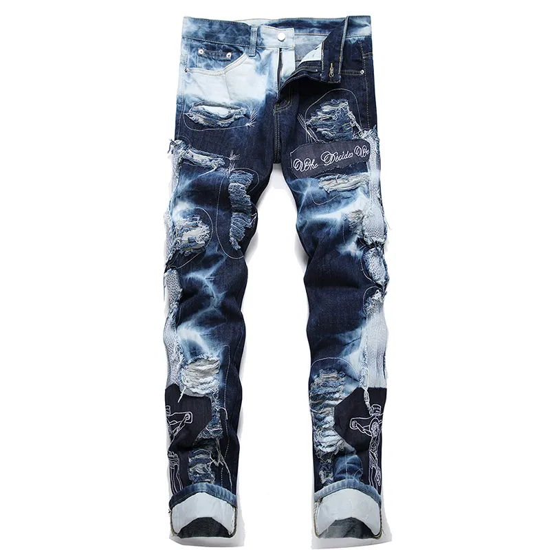 Jeans da uomo con toppe strappate High Street Pantaloni in denim da moto ricamati stile punk invernale Trendy blu slim streetwear