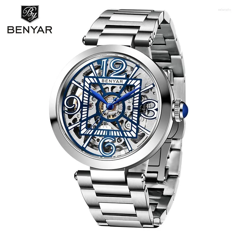 Montres-bracelets Hommes Montre Design Boîtier En Acier Inoxydable Creux Montres Mécaniques Automatiques Pointeur Bleu Heren HorlogeMontres-Bracelets MontresWr