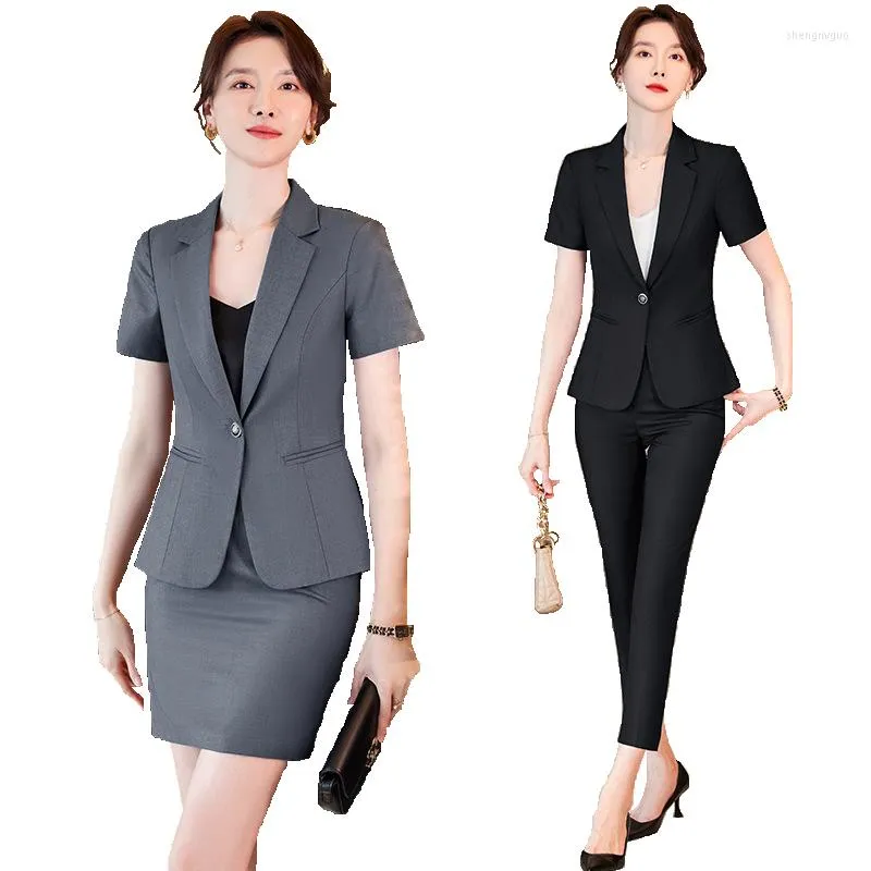 Deux pièces robe femmes été costumes formels à manches courtes Blazer et jupe bureau ensemble Style coréen moulante Mini crayon noir gris bleu