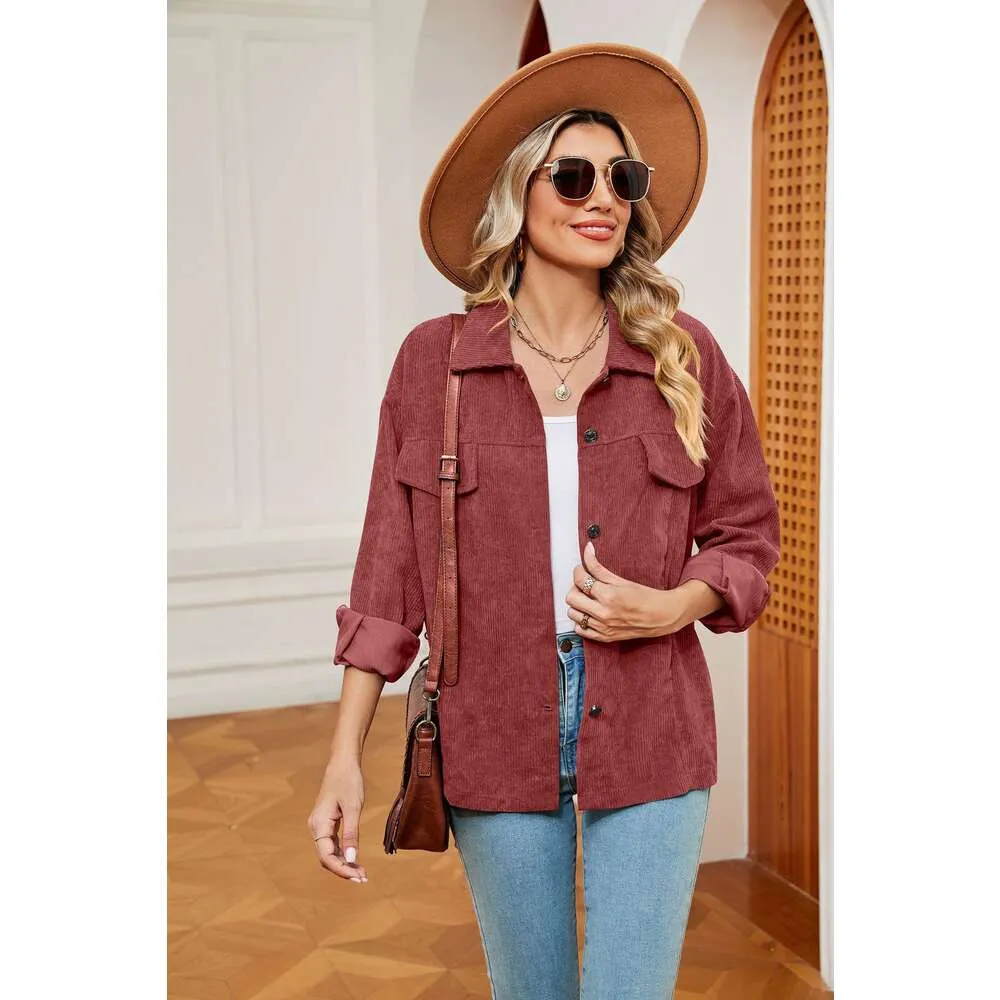 2023 automne/hiver nouveau velours côtelé poche bouton à manches longues chemise ample manteau femmes 982 420 dfashion98