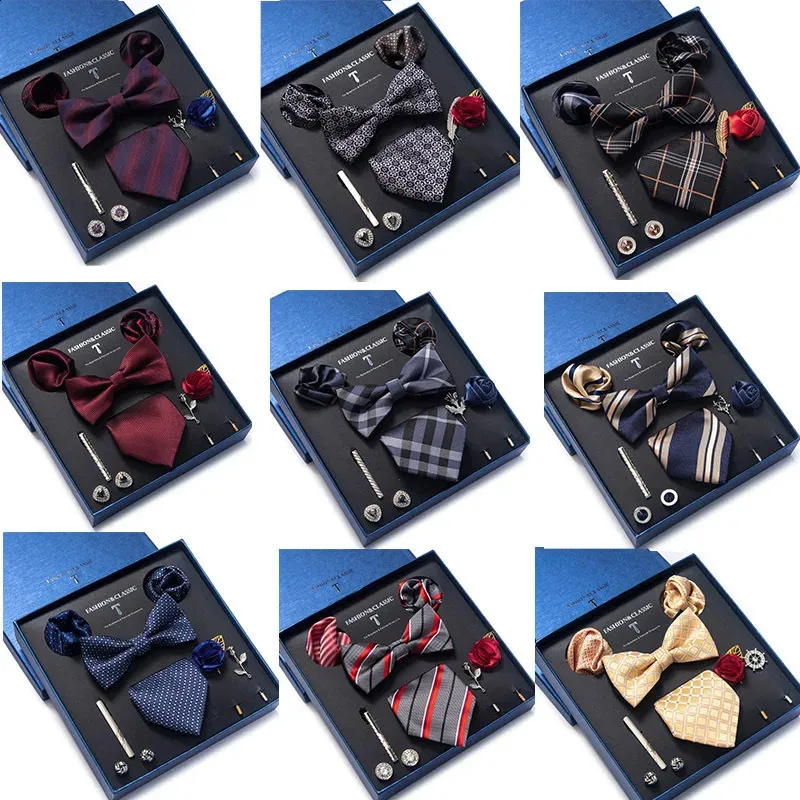 Neck Ties High quality Men's Necktie Classic Printed Bowtie Pocket Square Cufflinks Tie Clip Brooches Bussiness Wedding Gift Box 231118