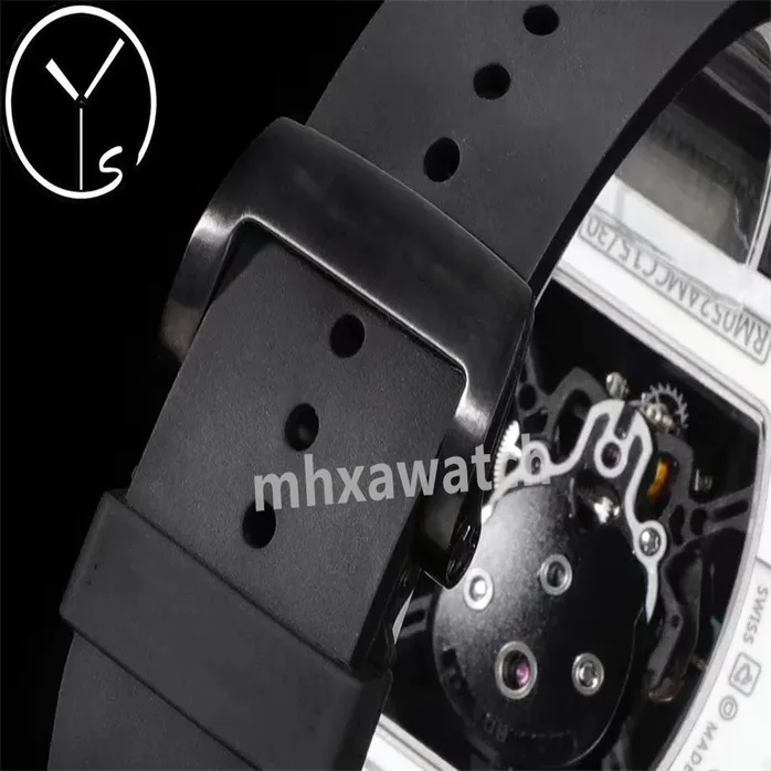 YS Factory 생산 남자 시계 RM052 크기 49.8x44.3x16.4mm 투르 빌론 운동 사파이어 유리 미러 카본 섬유 케이스 천연 고무 스트랩 접이식 버클