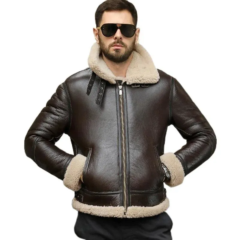 Couro masculino falso 100 shearling pele de carneiro genuíno casaco homem b3 bombardeiro pele grossa jaqueta de inverno retro outerwear trincheira 231120