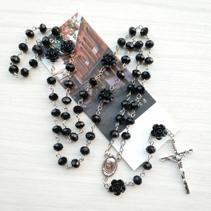 Pendentif Colliers Religieux Crucifix Croix Vierge Marie Médaille Y-Collier Chaplet Vintage Noir Cristal Rosaire Collier Bijoux Béni