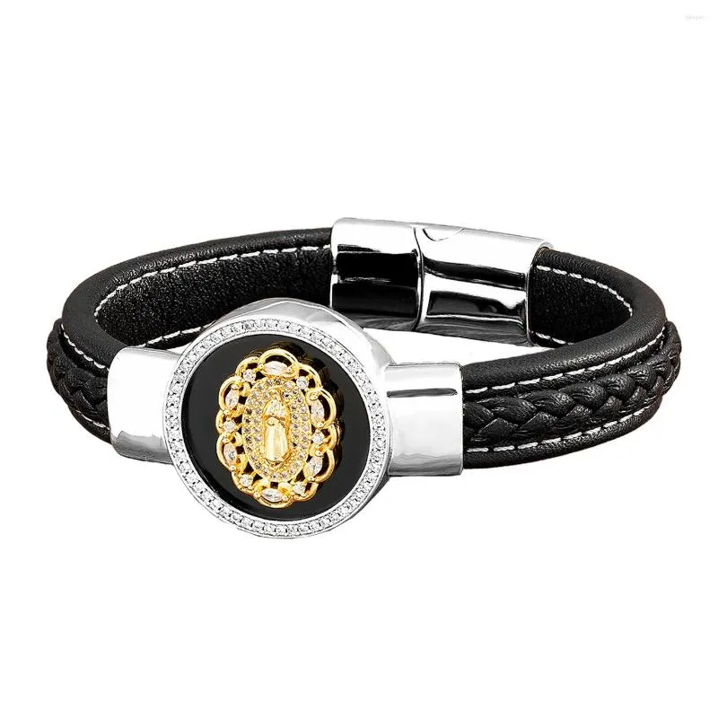 Charm Bracelets Ethnic Zircon Inlay Cross Men Black Round Natural Stone Weave Leather Bangles Vintage Religion Jewelry Wristband Gift