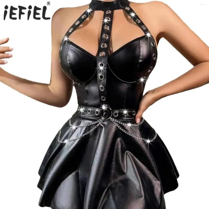 Casual Dresses Womens Punk PU Leather Dress With T-Back Briefs Halter Eyelet Straps Chain A-Line Cocktails Mini Jazz Performance Costume
