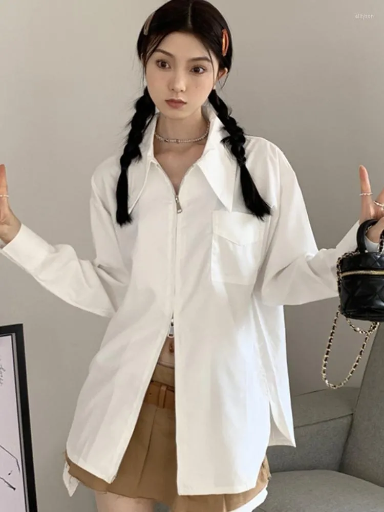 Women's Blouses Double Zipper Elegant Blouse Women Korean Fashion Y2k Aesthetic Long Seeve Shirt Haut Femme Harajuku Solid Blusas Cute