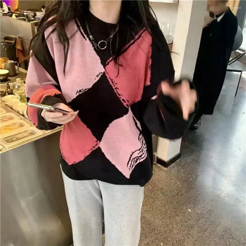 Dames Truien Winter Koreaanse Zwarte Trui Argyle Plaid Oversized Gebreide Trui Leuke Casual Straat Vrouwelijke Jumper Y2K Kleding