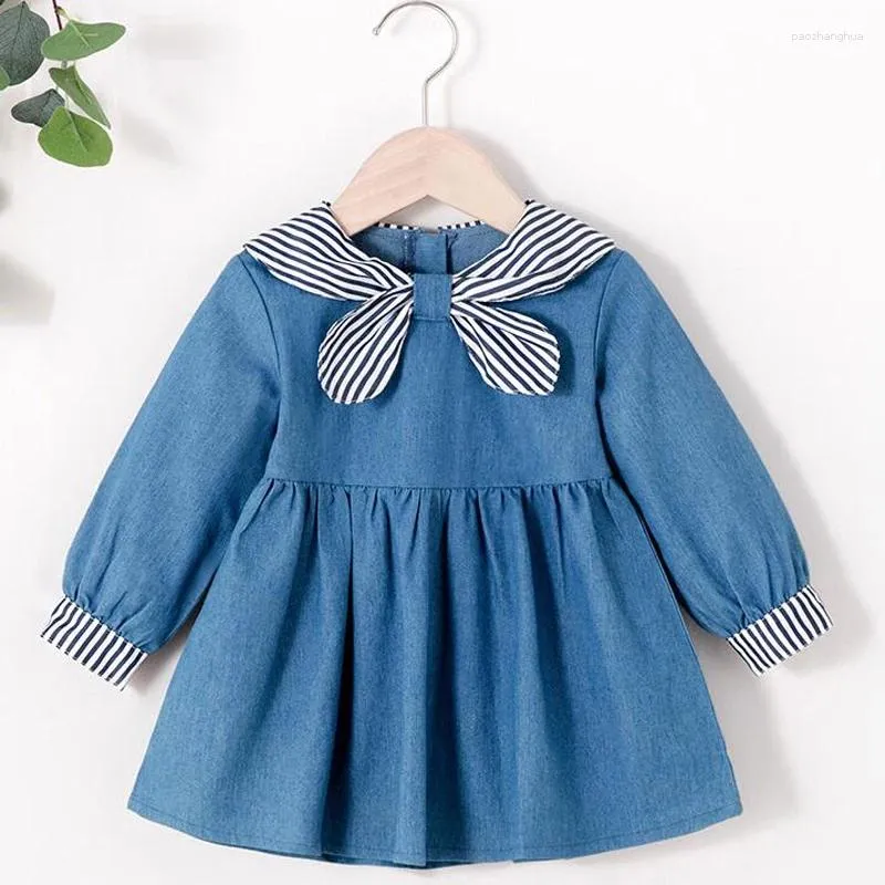 Vestidos de niña Vestido de mezclilla Versión de otoño Cuello a rayas de viento azul marino Ropa de manga larga para niños 5 P / l