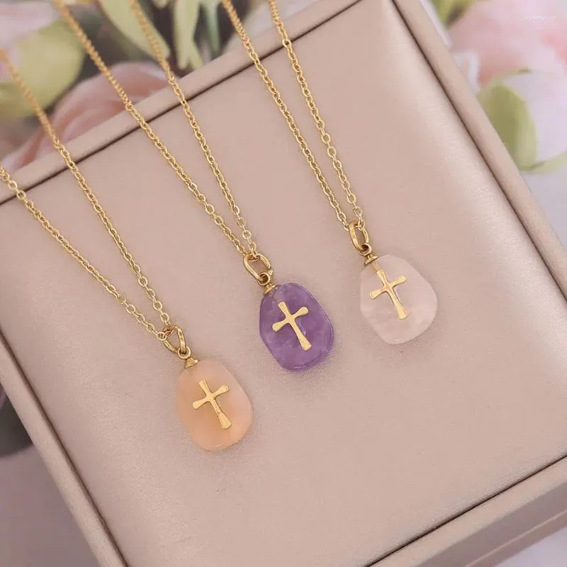 Pendant Necklaces Natural Stone Cross Necklace For Women Simple Stainless Steel Clavicle Men Girls Jewelry Accessories Gifts