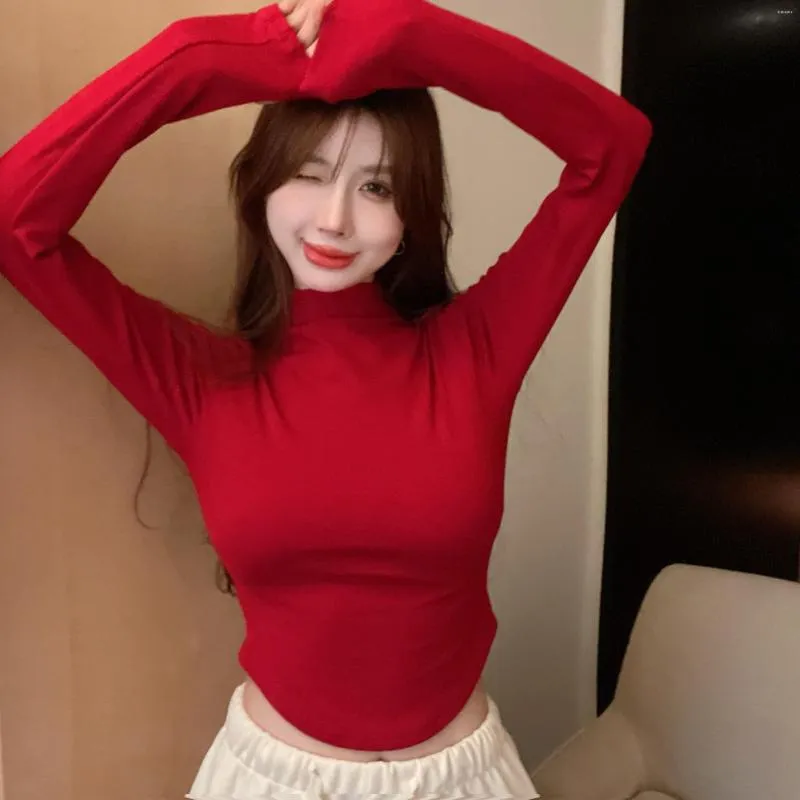 T-shirt da donna a metà collo alto in cotone Crop Top T-shirt a maniche lunghe T-shirt da donna a collo alto Casual ritagliata Moda estetica Y2k coreano