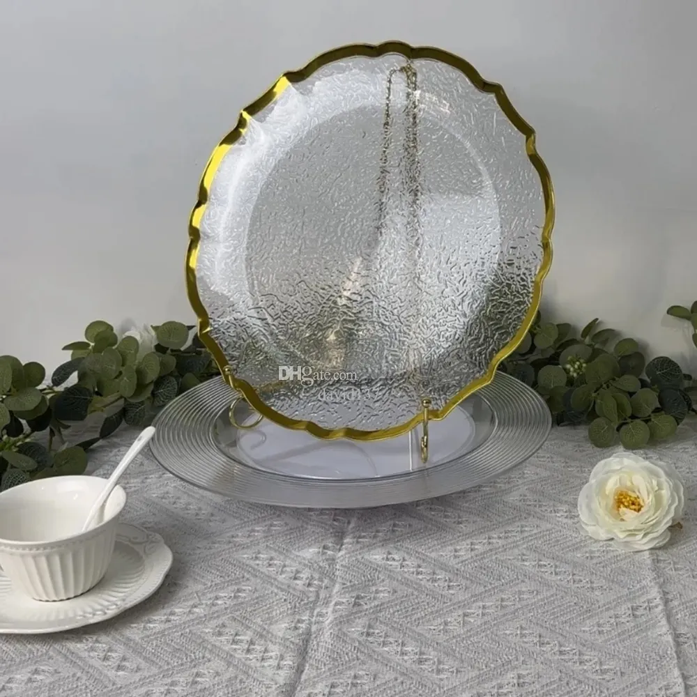 Opladerplaten Doorzichtig plastic dienblad ronde schalen met gouden rand 13 inch acryl decoratieve eetplaat voor tafelschikking
