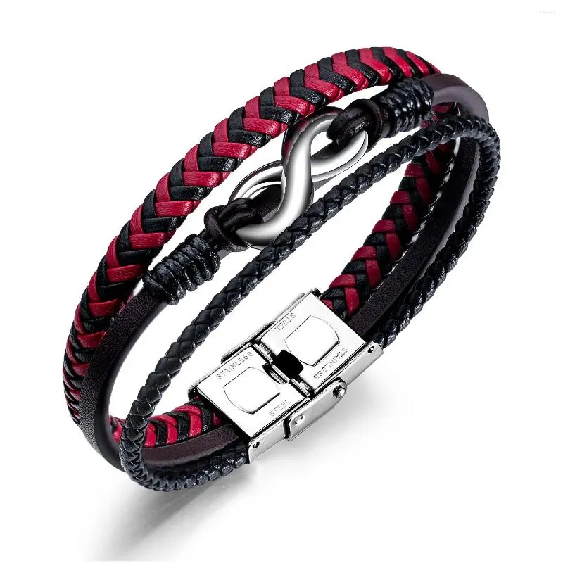 Charme Pulseiras Genuíno Couro Símbolo do Infinito Bangle Homens Mulheres Handmade Étnico Tribal Layerd Pulseiras Vermelho Preto