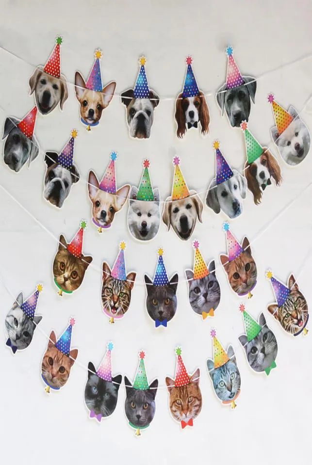 Cartoon Cat Dog Pet Party Flag Banners Cute Dog and Cat Animal Face Banner Pull Flower Pet Birthday Theme Party Decorations2750956