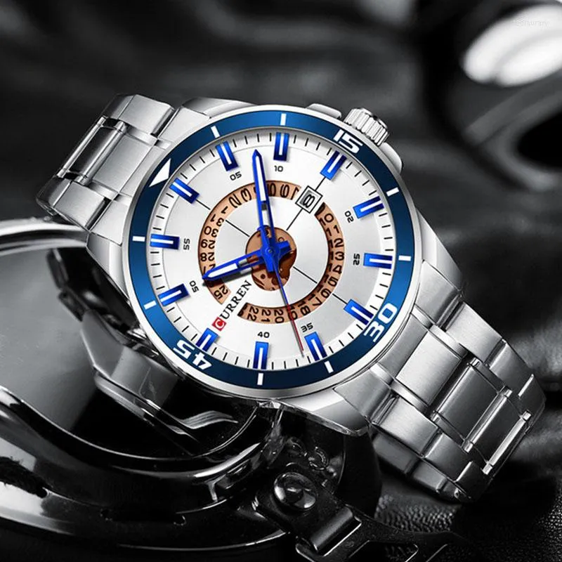 Armbandsur Luxury Golden Quartz Watch for Men unik urvalsdesign med automatiskt datum rostfritt stål band affärsmän presentklocka