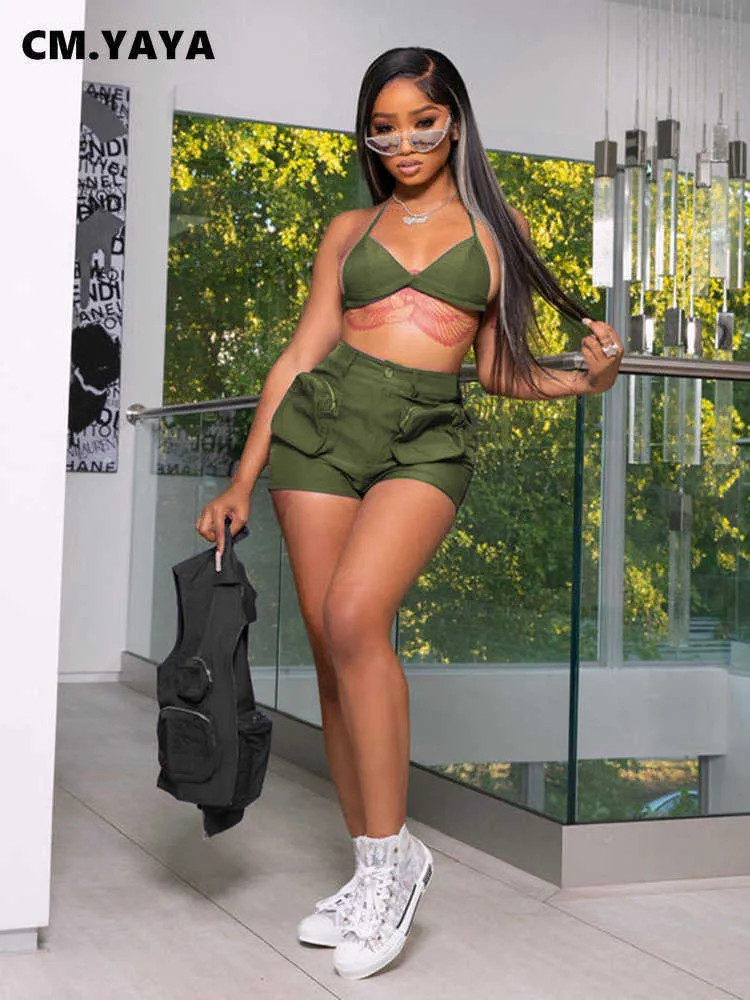 Women's Tracksuits CM.YAYA Fashion Women's Set Halter Bra Crop Top and Safari Shorts Suit 2023 Active Cargo INS Two 2 Piece Set Outfit Tracksuit P230419