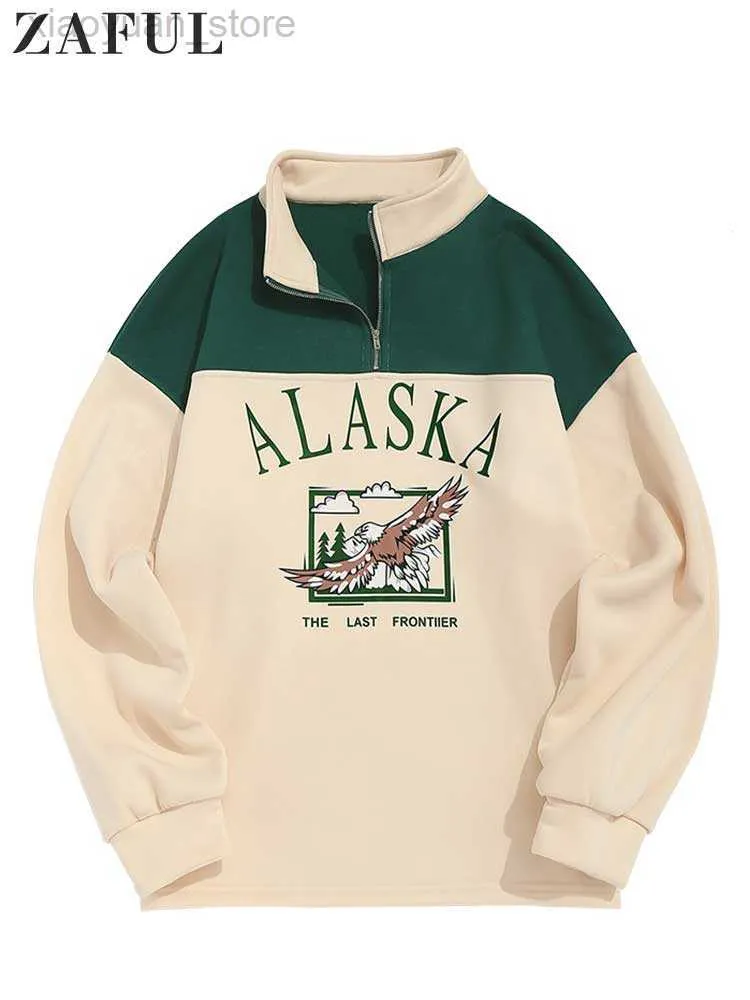 Men's Hoodies Sweatshirts ZAFUL Fleece Hoodie for Men ALASKA Graphic Eagle Printed Sweatshirt Colorblock Vintage Streetwear Pullover Sweats Unisex Style