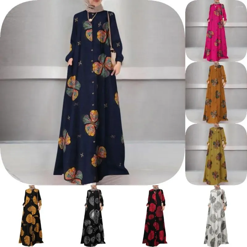 Etniska kläder plus storlek kvinnors bomullslinne abayas tryckt skjorta lång klänning crewneck vintage kabaya dubai vestido maxi höst vinter