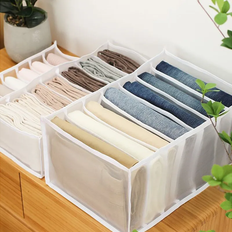 저장 상자 쓰레기통 청바지 칸막이 옷장 의류 서랍 메쉬 분리 스테이킹 바지 분배기는 홈 주최자 230419를 씻을 수 있습니다.