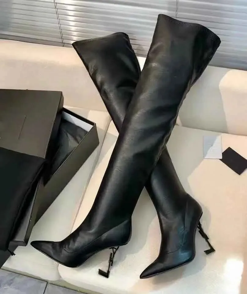 Marca de lujo para mujer Opyum Botas sobre la rodilla Punta puntiaguda Botas de cuero hasta la rodilla Tacones altos Vestido de fiesta Señora caminando Botines de tacón elegantes EU35-43