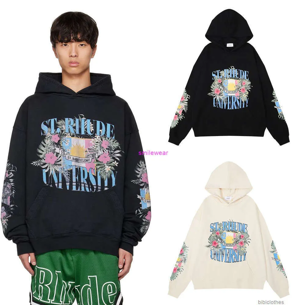 デザイナーパーカーファッションメンズスウェットシャツストリートウェアトレンドブランドRhude Flower Flag Flag Print High Weigh