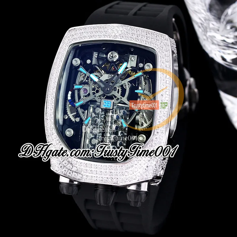 Bugatti Chiron Tourbillon Autoamtic Orologio da uomo Motore a 16 cilindri Quadrante scheletrato Cassa con diamanti ghiacciati Indici blu Cinturino in caucciù trustytime001Orologi BU200.30