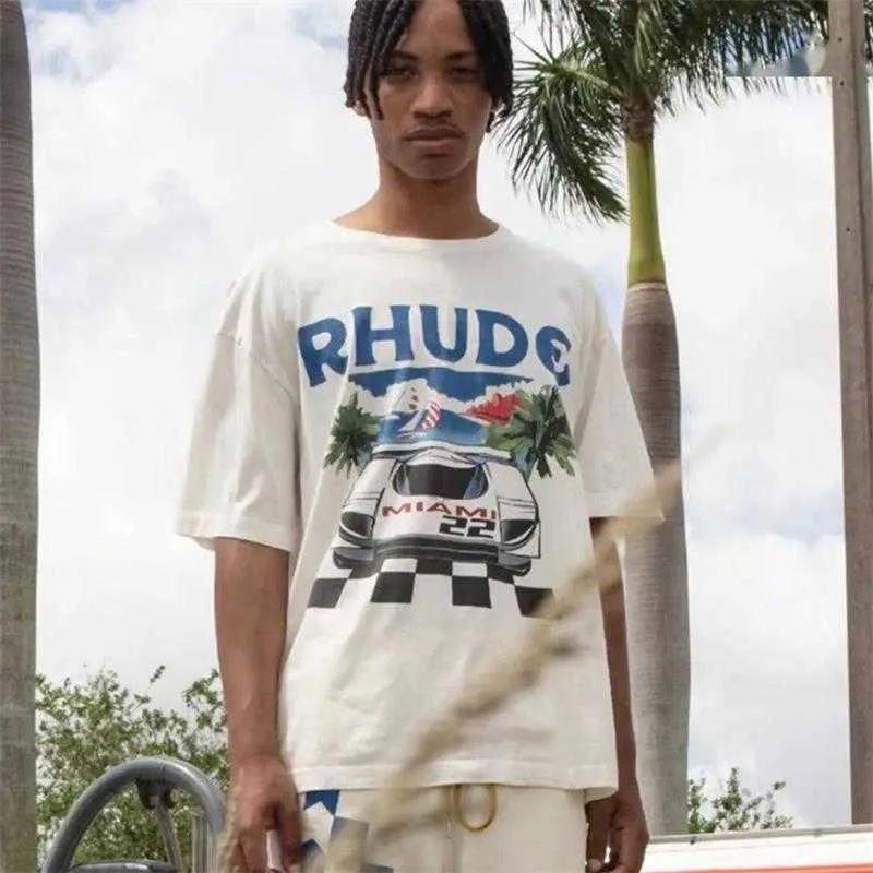 Tasarımcı Moda Giyim Tees Hip hop Tişörtleri Trend Markası Rhude Formula F1 Yarış Arabası Miami Station Limited Baskı Unisex Yaz t Streetwear Spor Giyim Tops
