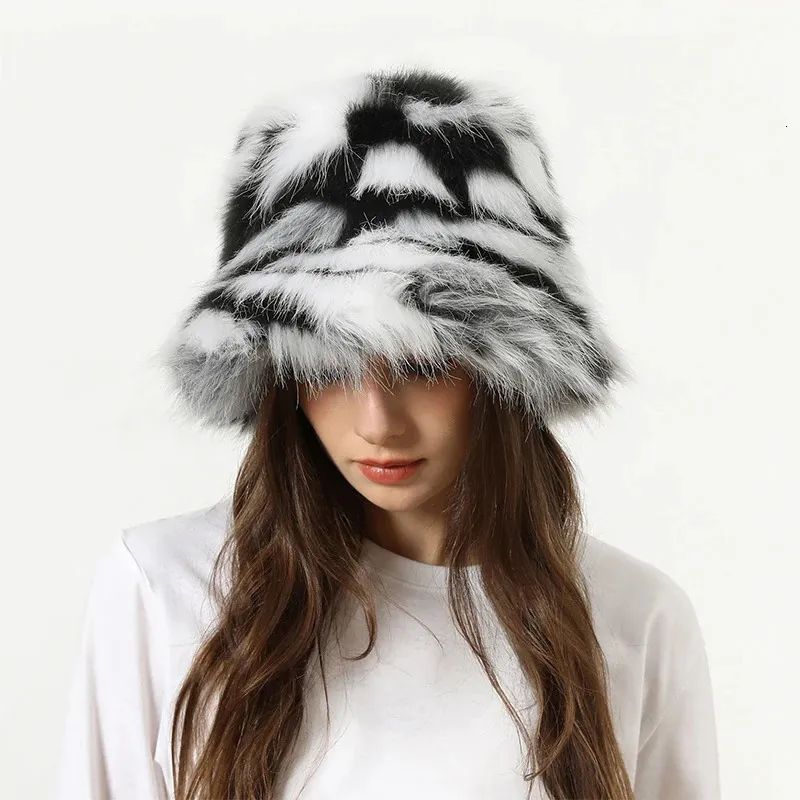 Wide Brim Hats Bucket Hats Faux Fur Winter Bucket Hat For Women Fashion Colorful Plush Warm Fisherman Cap Outdoor Panama Soft Senior Hat Elegant Cap 231118