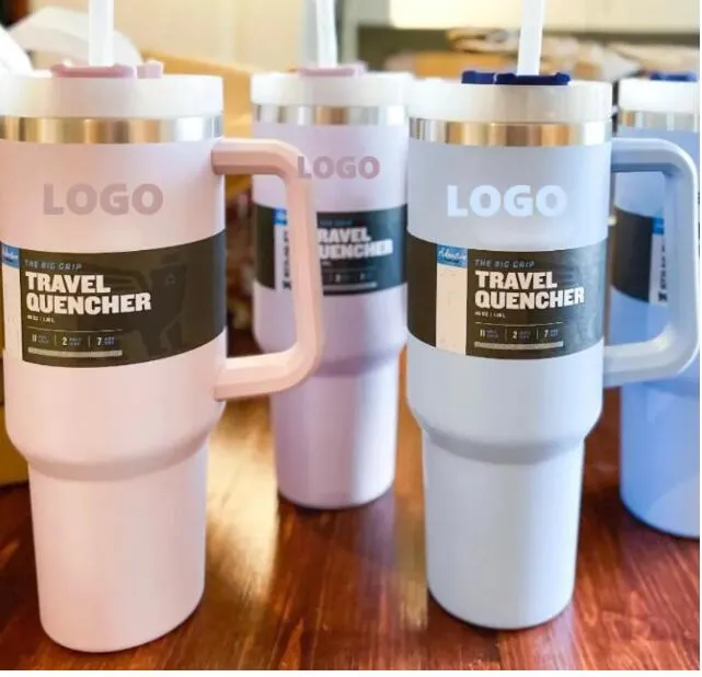 40oz Pink with Logo Tumblers Cup With Handle Insulated Stainless Steel Tumbler Lids Straw Car Travel Mugs Coffee Tumbler Termos Cups ready ship GG1120